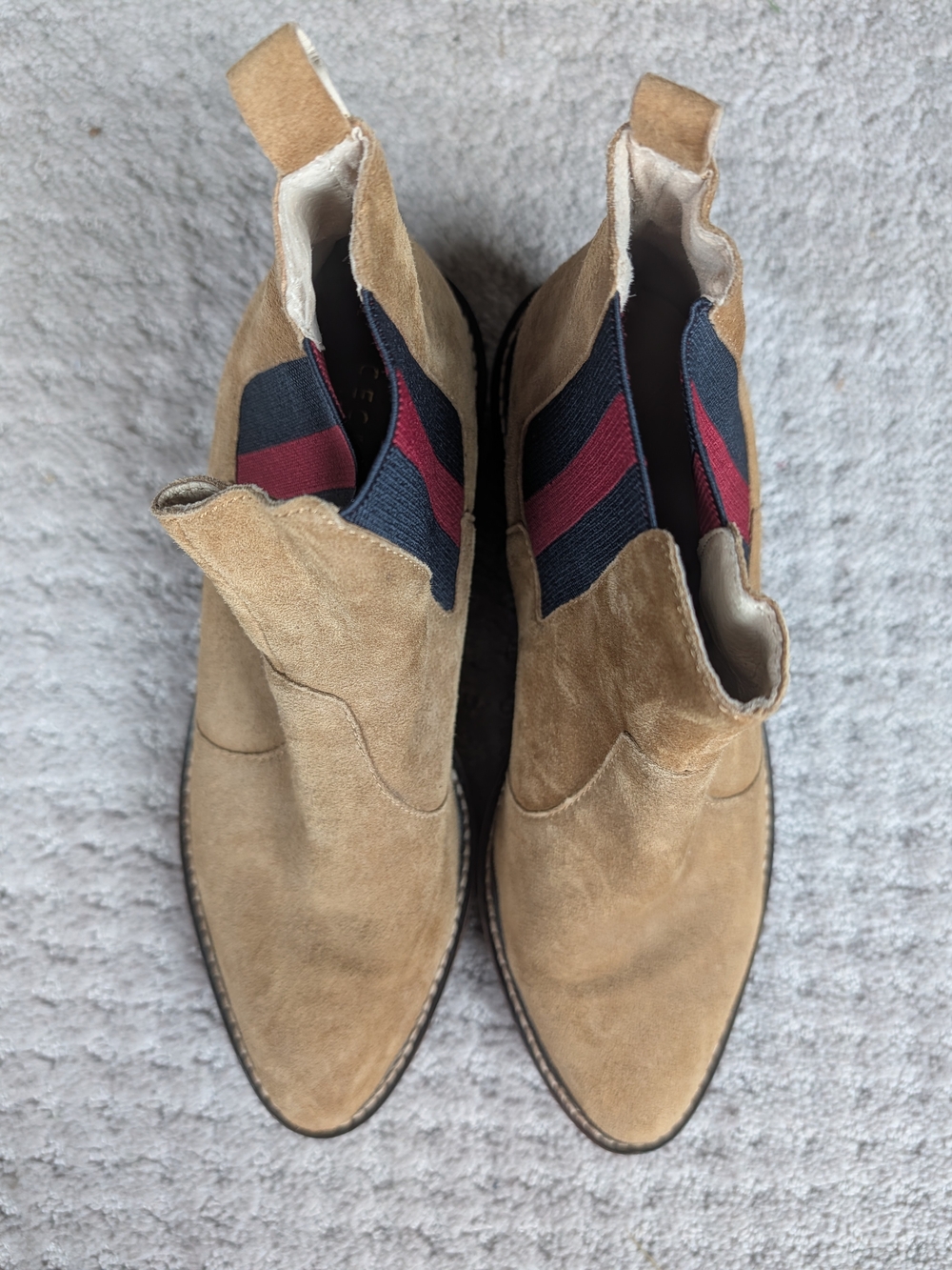 Cecelia Tan Suede Chelsea Boots with Navy & Burgundy Elastic